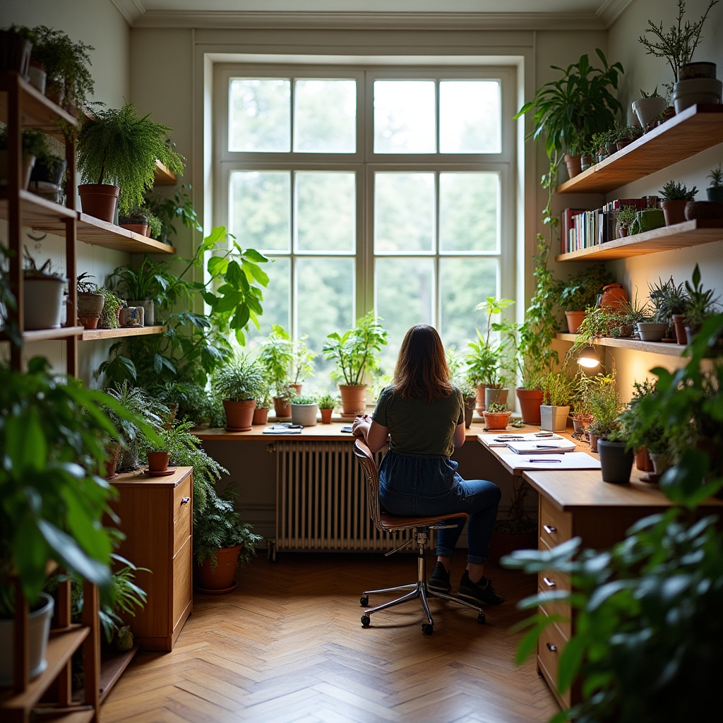 Helles Arbeitszimmer in Dresden mit vielen Zimmerpflanzen und Pflanzenregalen